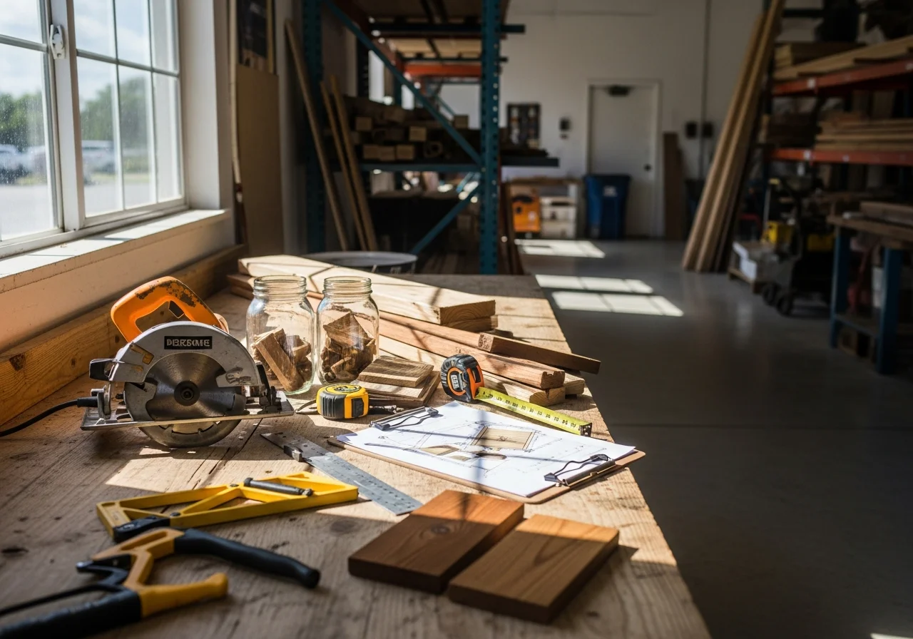 Woodworking tools and materials on a work surface, showcasing the craftsmanship and materials used in deck and fence construction.