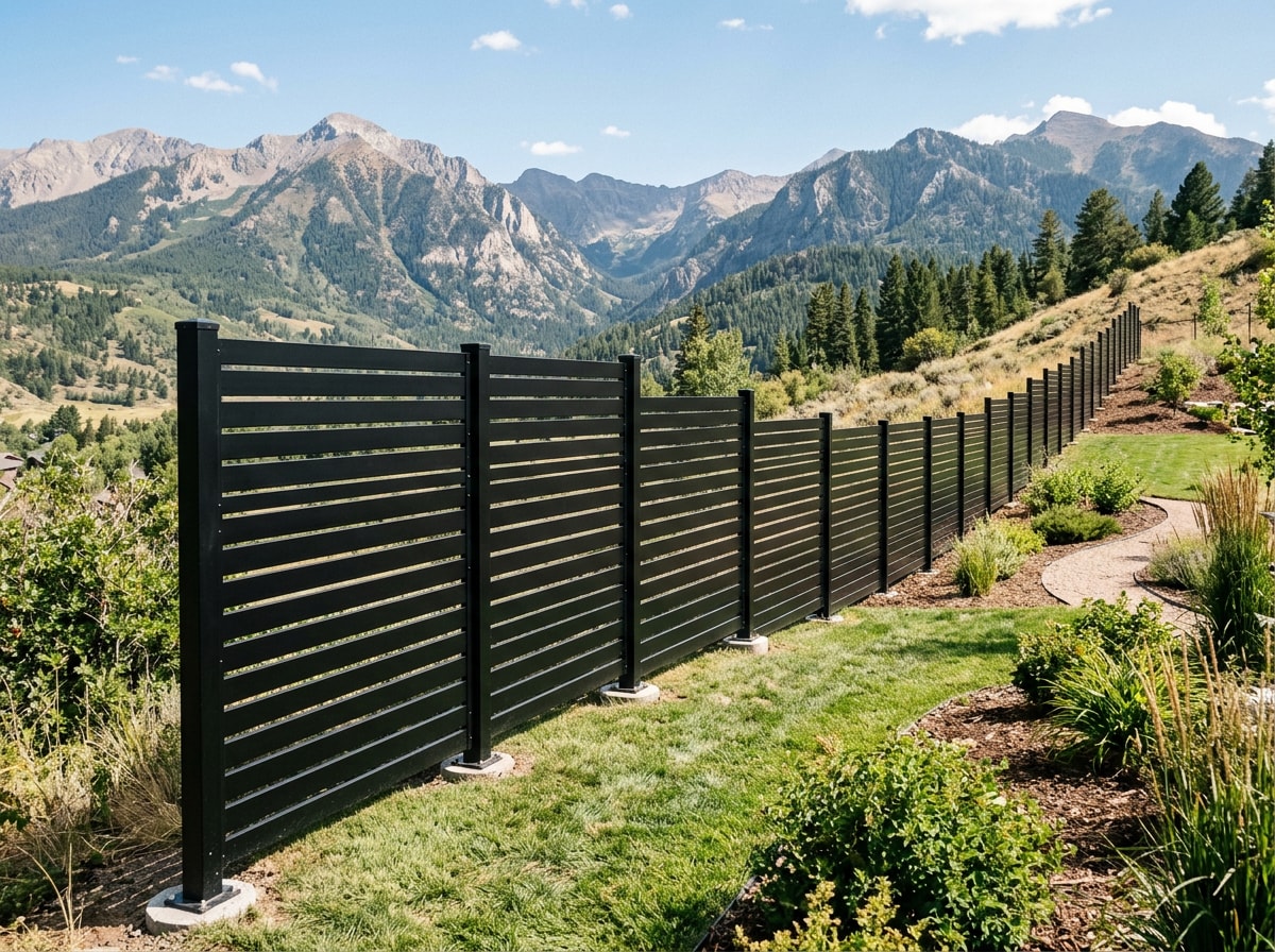 Installed aluminum semi-privacy fence panel along a Chatsworth hillside property