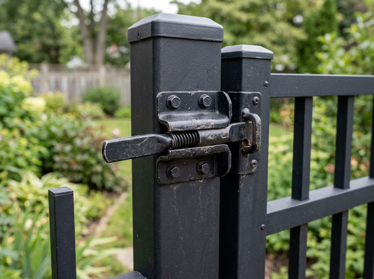 Close-up of a powder-coated aluminum fence post and self-latching gate hardware