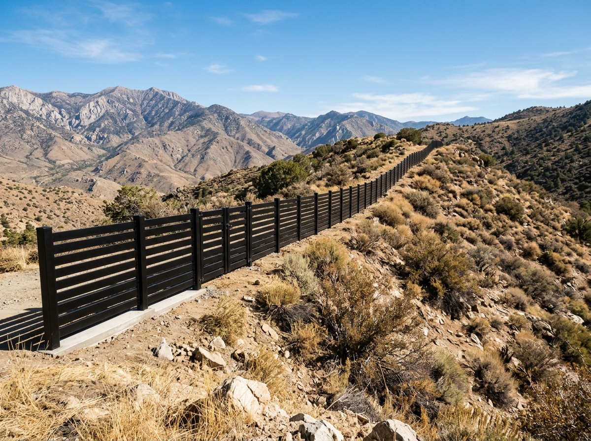 Aluminum privacy fence running along a hillside property line with mountain backdrop