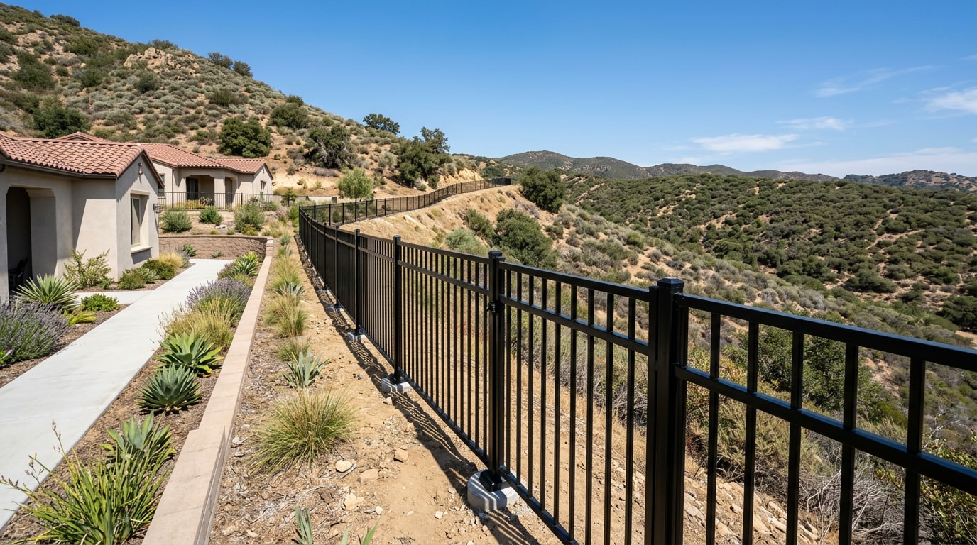 Aluminum privacy fence installed along a hillside property in Chatsworth, CA