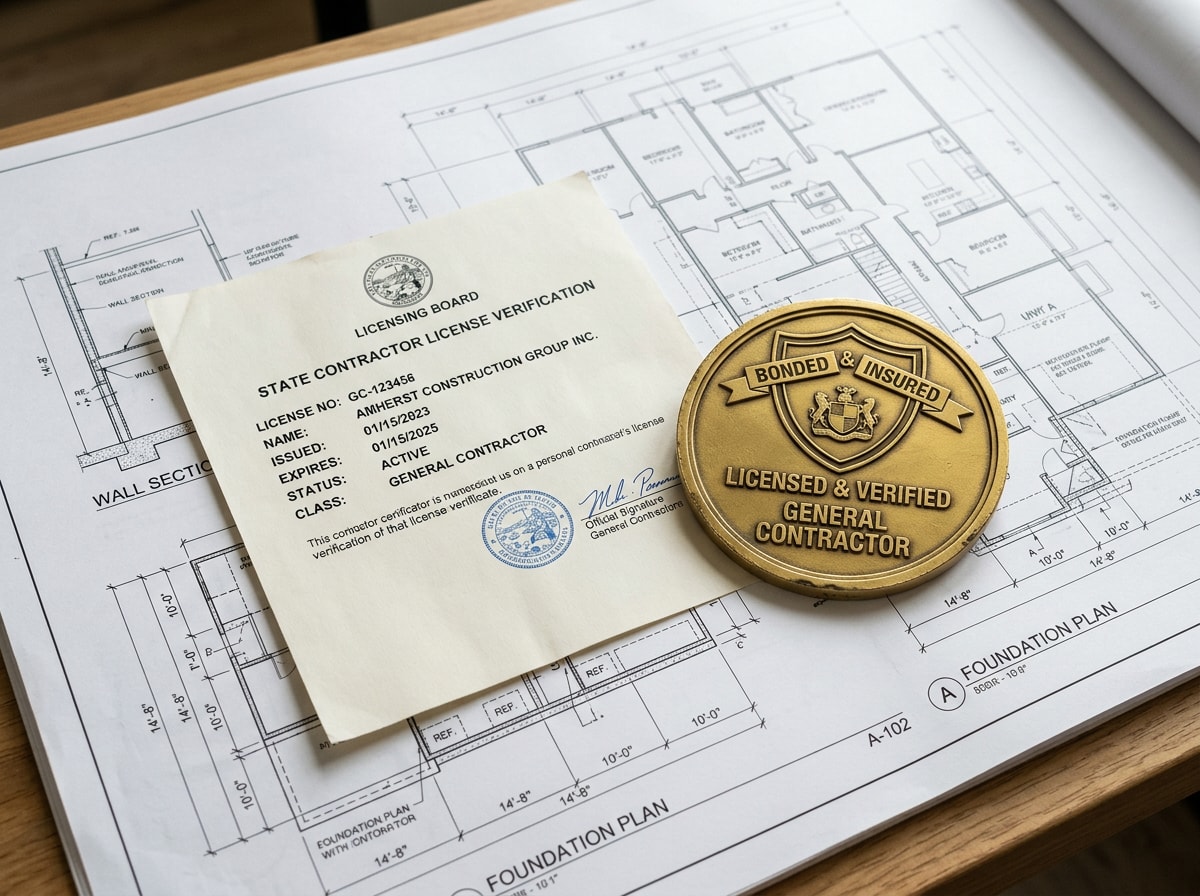 License verification checklist graphic showing a bonded and insured B-General Building contractor credential