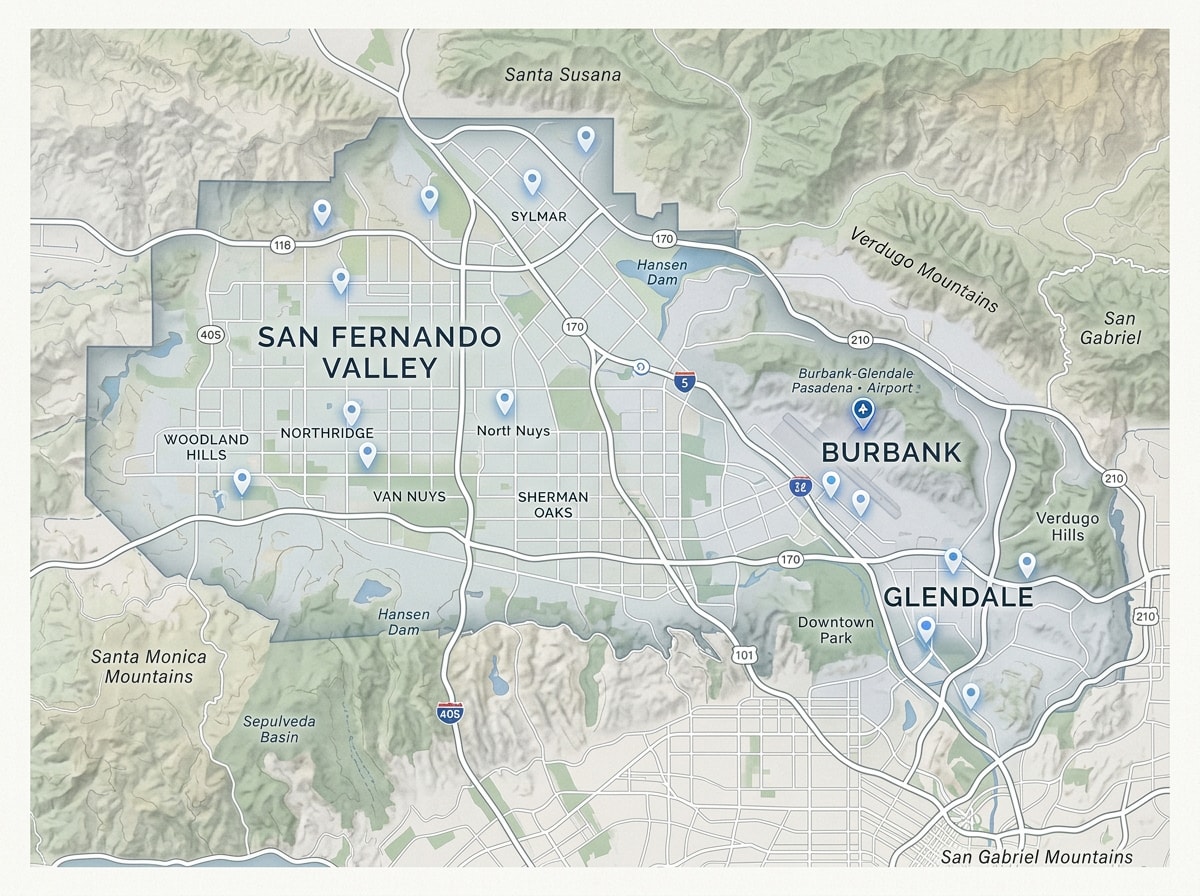 Service area map showing coverage across Burbank, Glendale, and San Fernando Valley neighborhoods