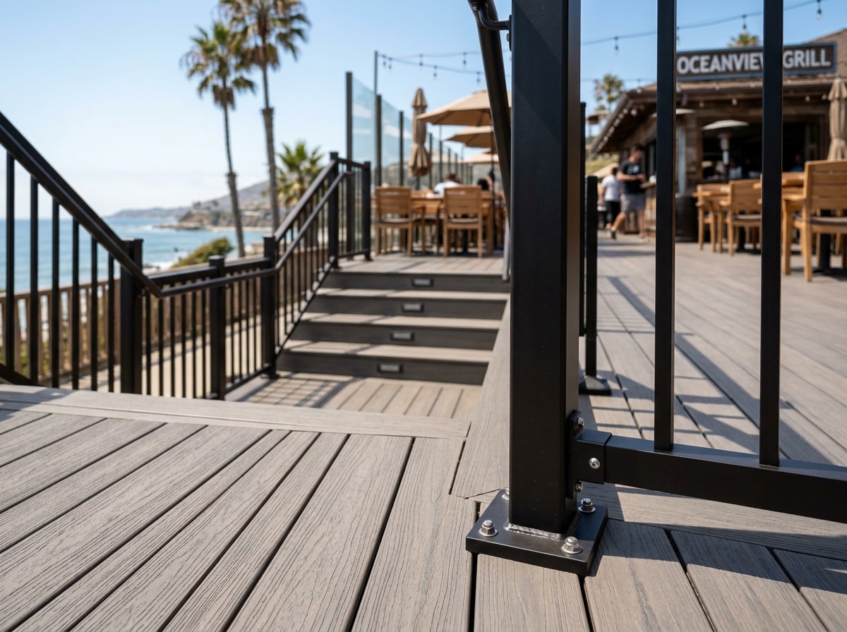 Commercial composite deck installation behind a coastal restaurant with railing and stairs