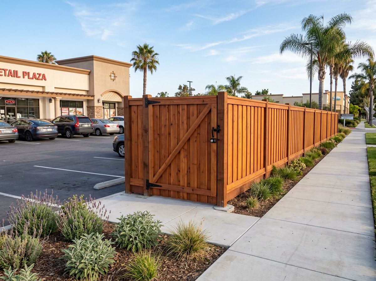 Finished commercial privacy fence and gate installation along a South Bay retail property