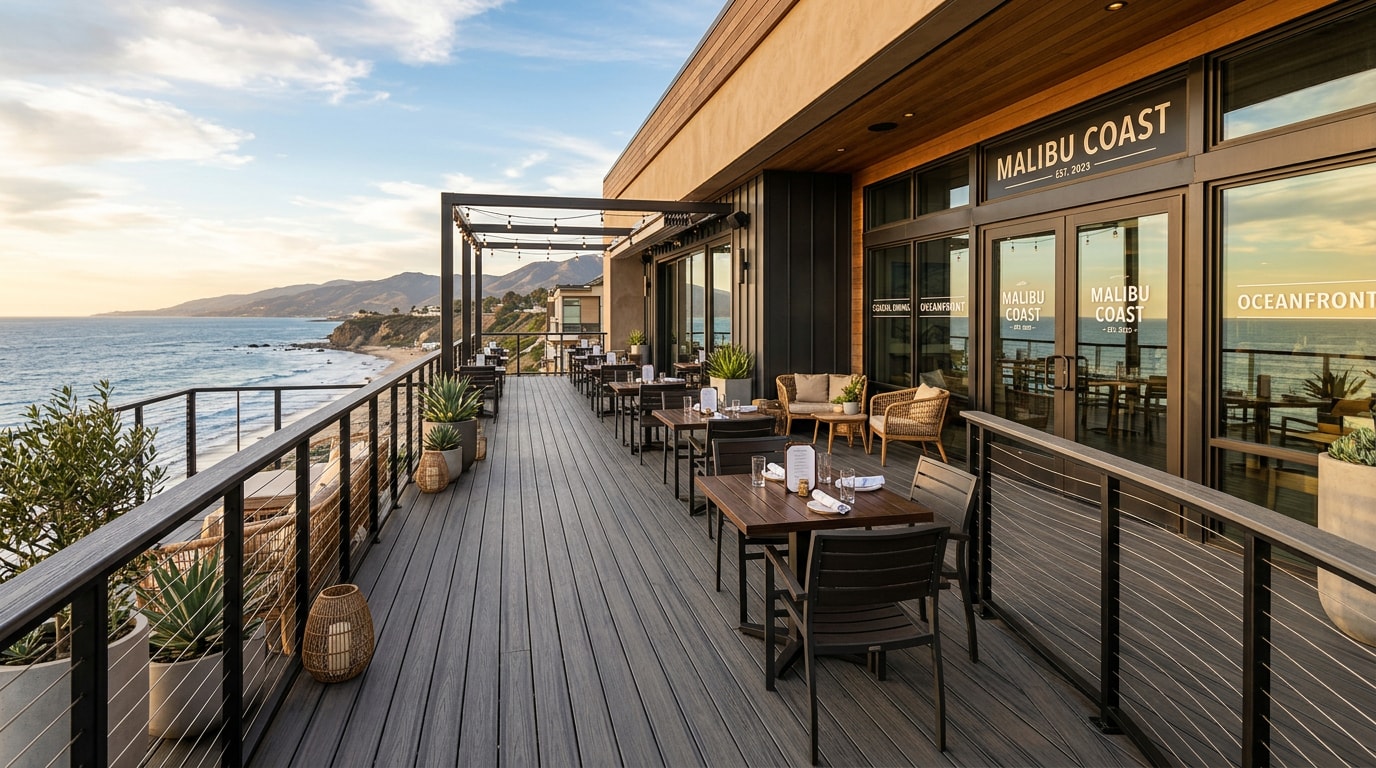 Commercial composite deck with ocean-view railing at a coastal Malibu property
