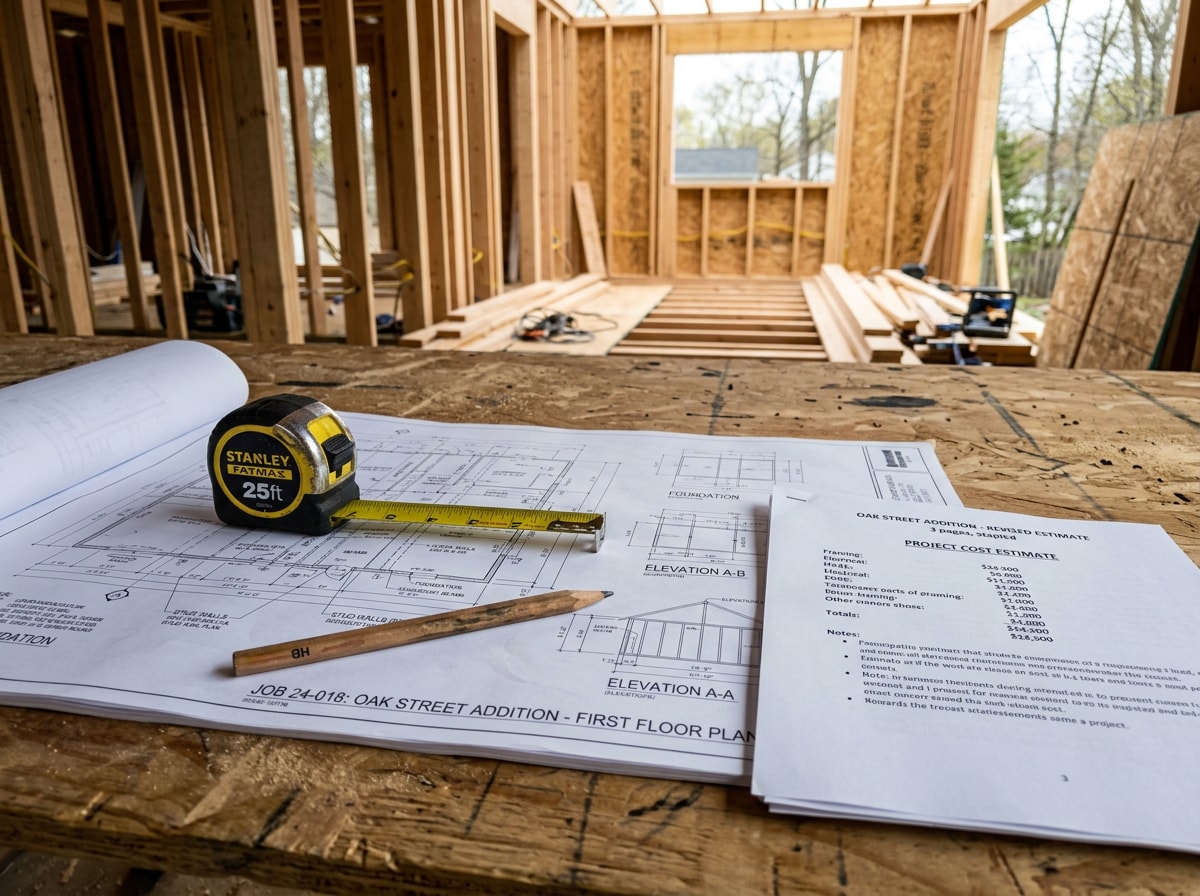 General contractor's blueprints and estimate spread across a jobsite table at an LA remodel
