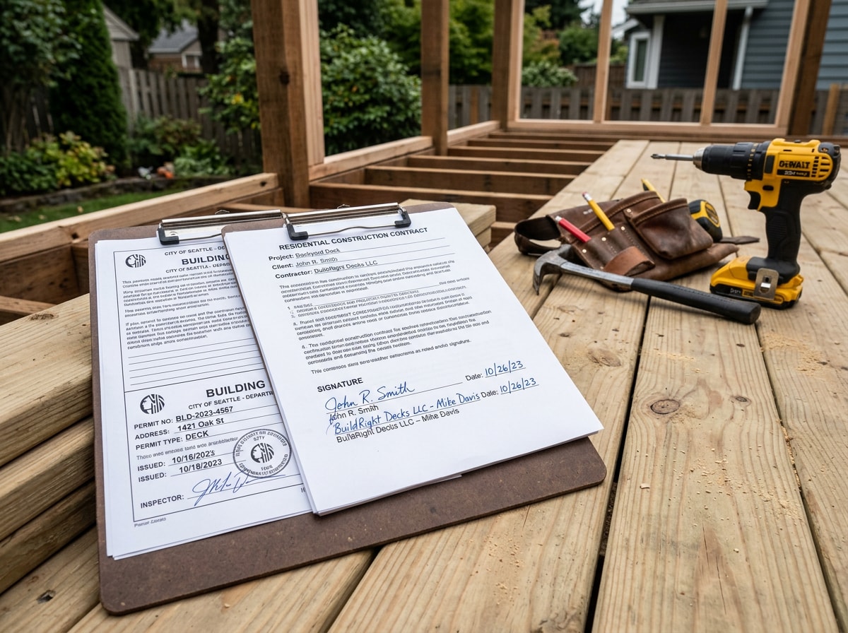 Signed construction contract and permit paperwork resting on a partially built wood deck