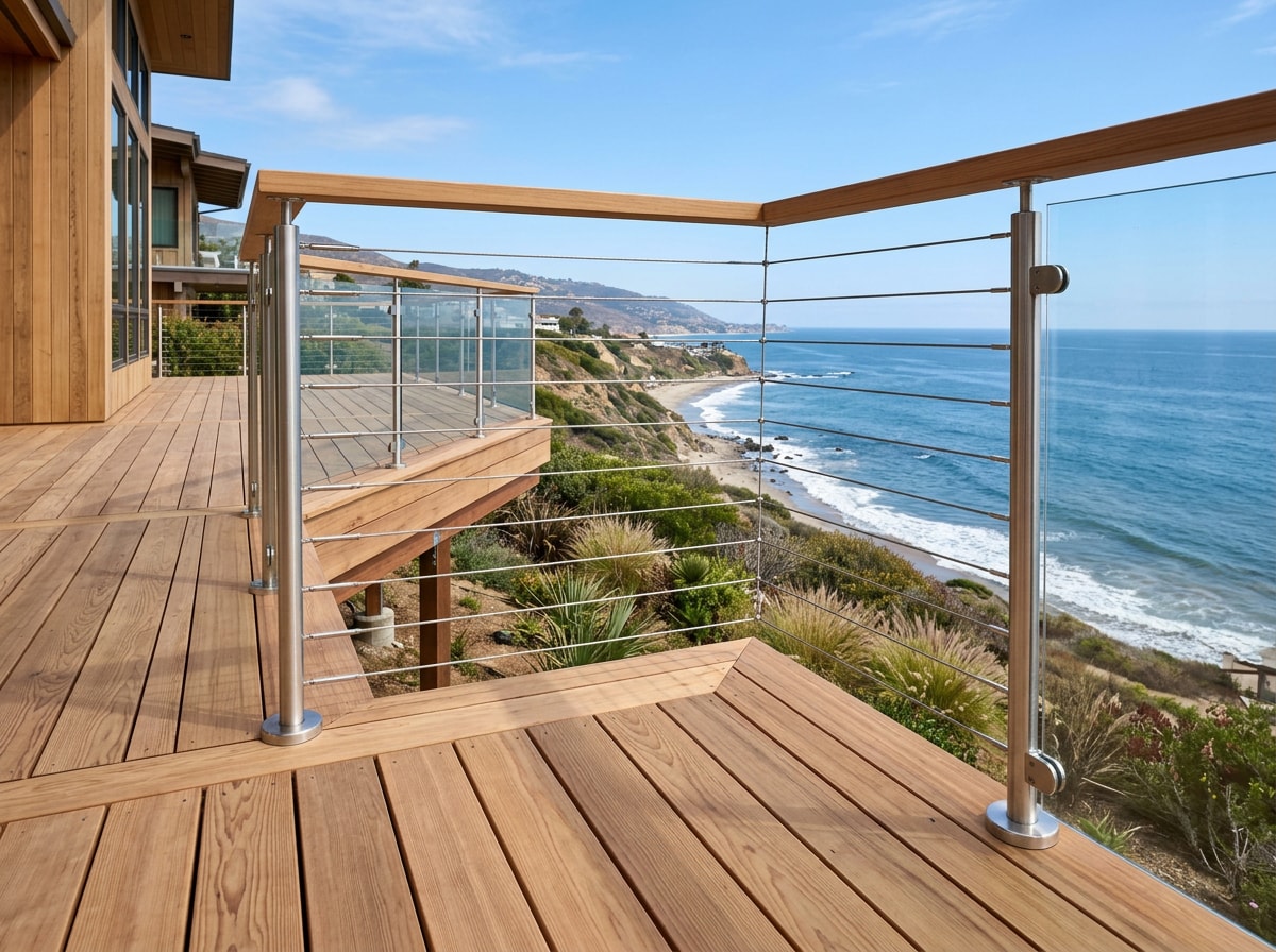 Completed wood deck addition with ocean view railing on a Malibu hillside home