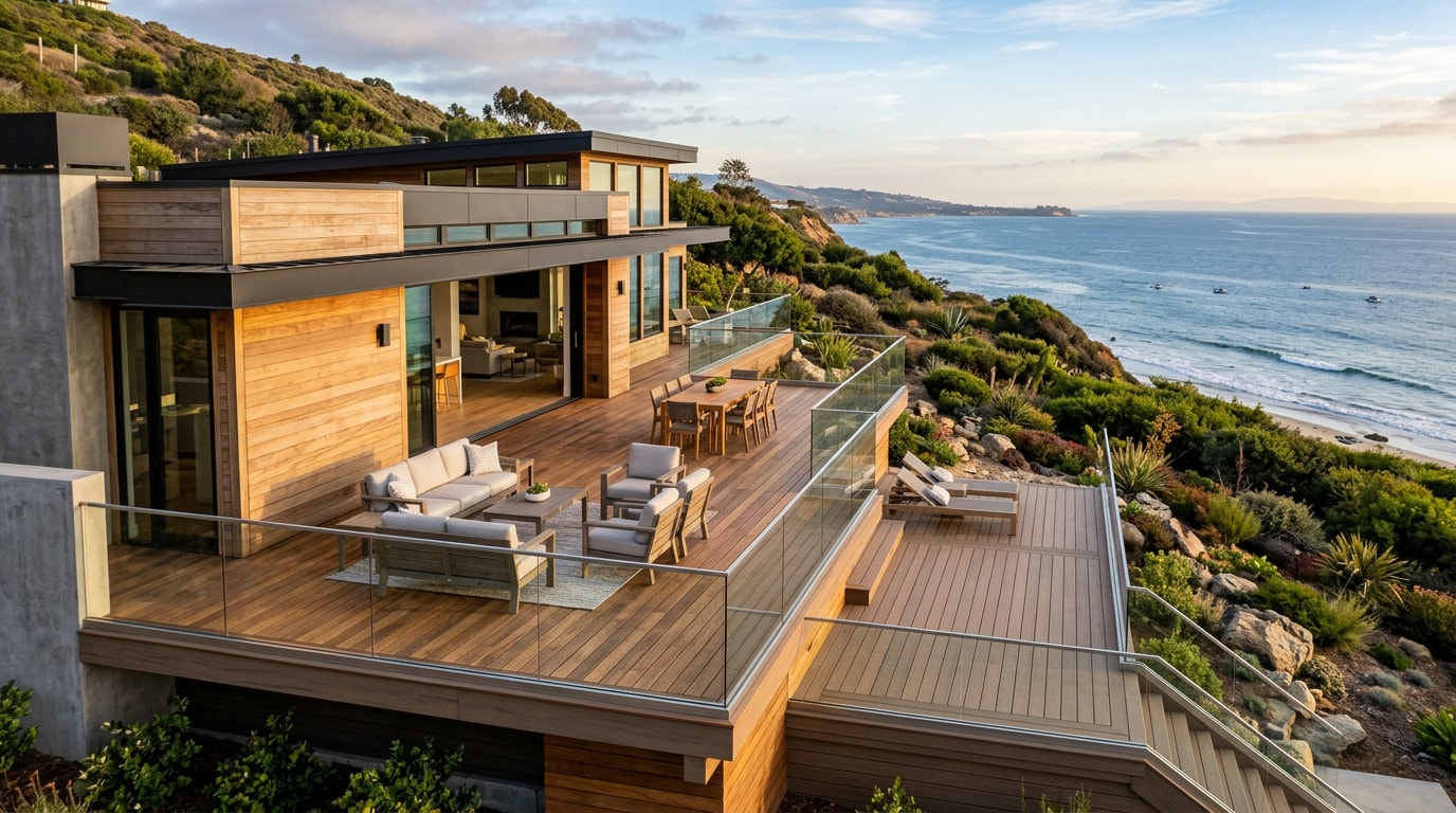 Finished deck addition on a Malibu coastal hillside home with ocean view