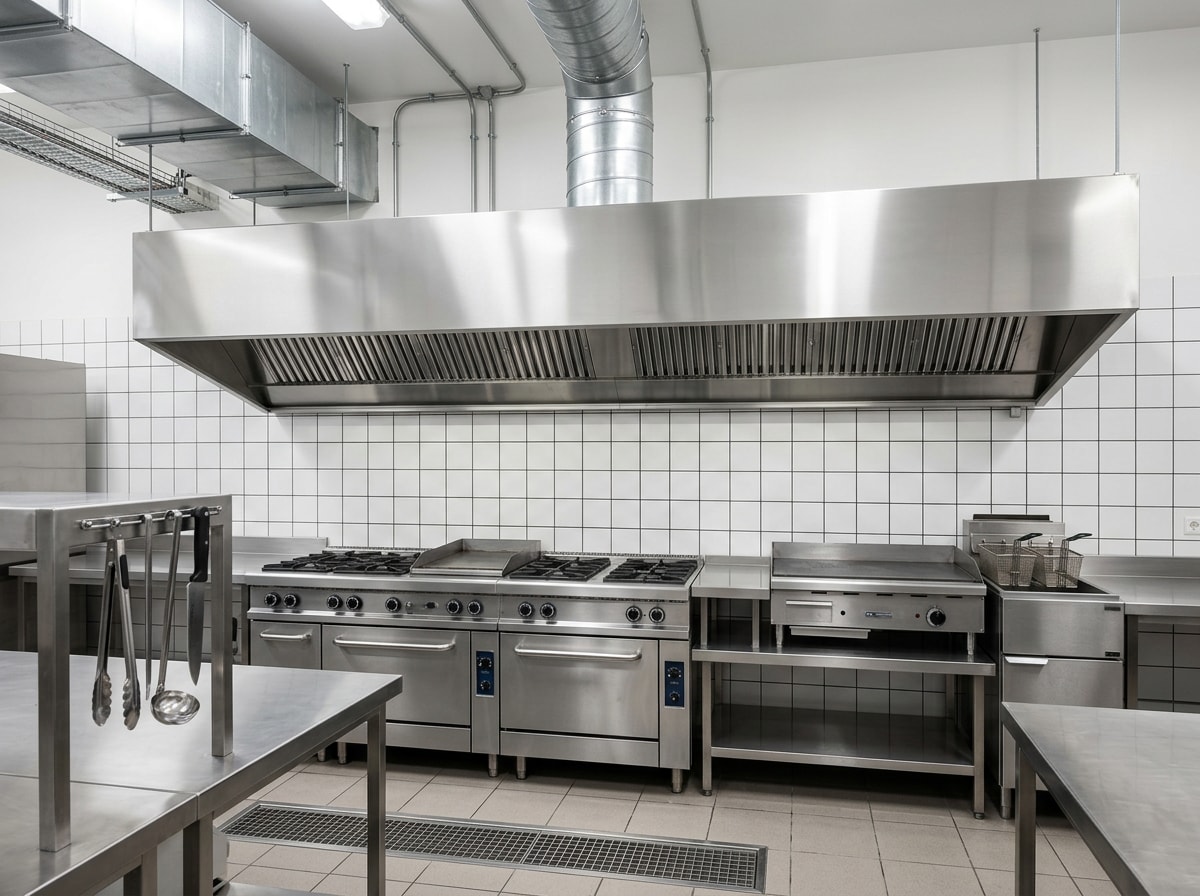 Renovated commercial kitchen with new stainless hood and line equipment in a Los Angeles restaurant