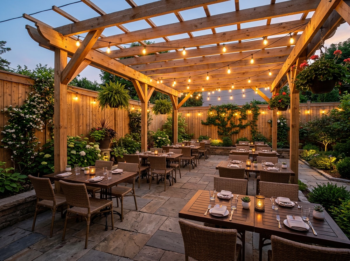 Restaurant patio with a wood pergola and privacy fence enclosing an outdoor dining area