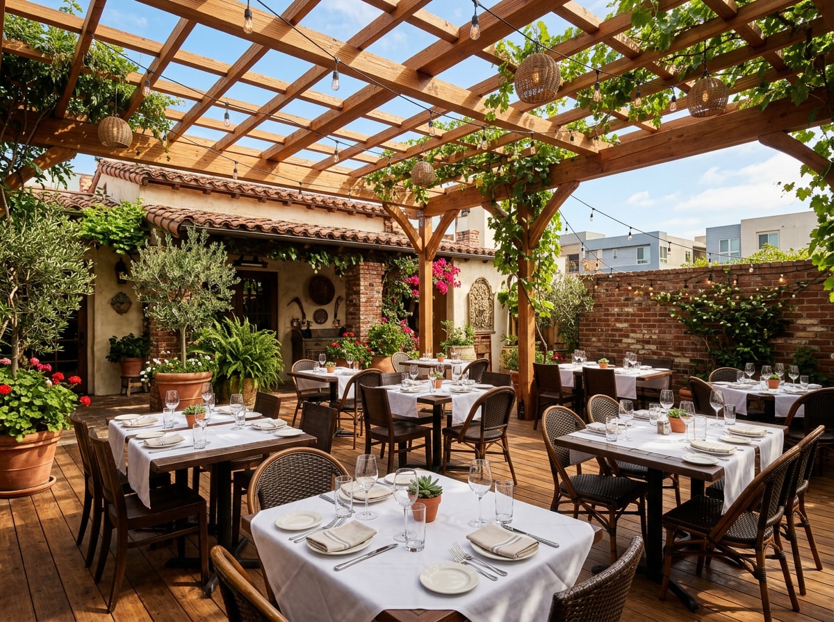 Restaurant patio with wood decking and pergola shade structure at a Los Angeles hospitality property