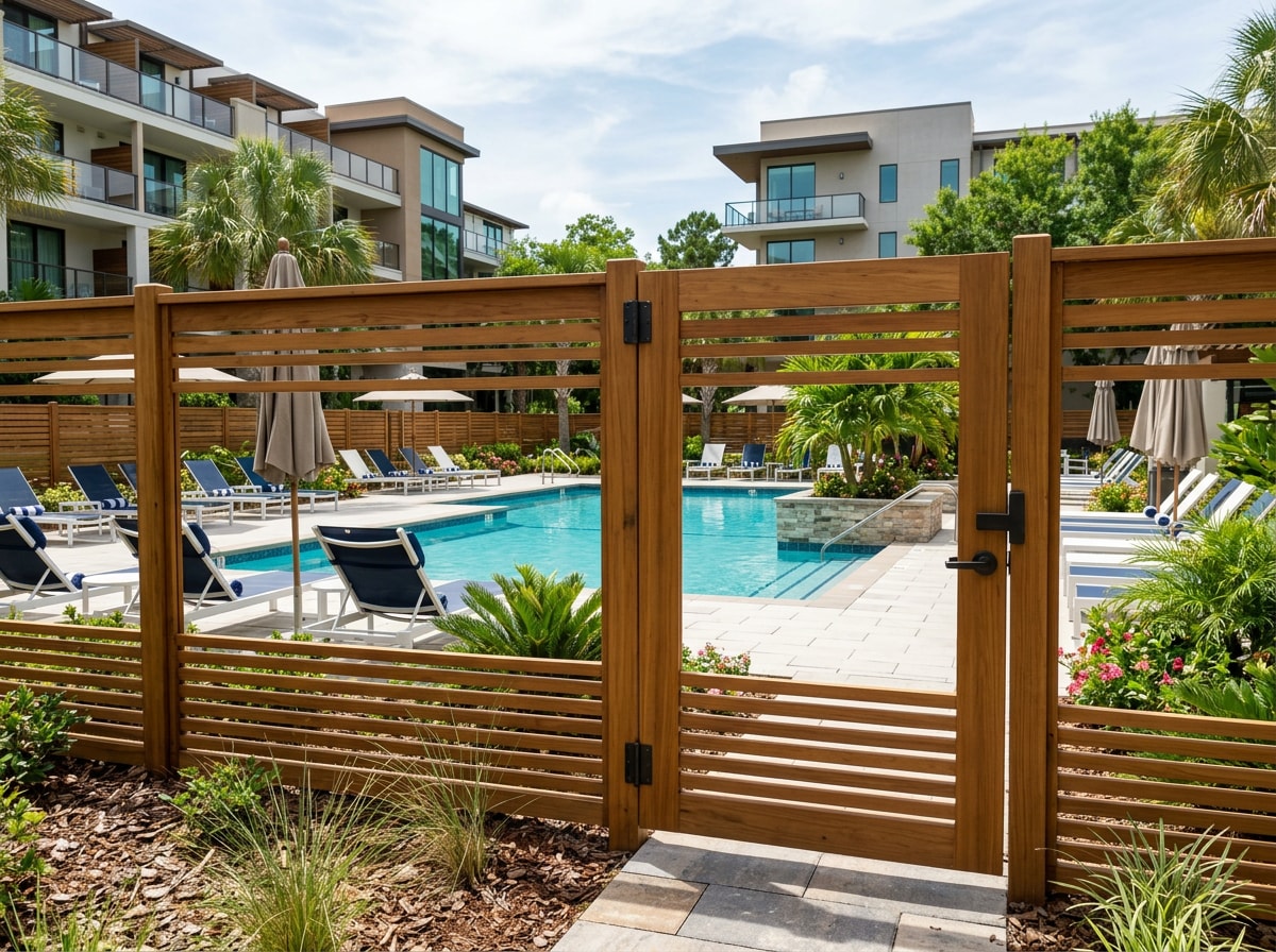 New wood privacy fence and gate enclosing a hotel pool deck area