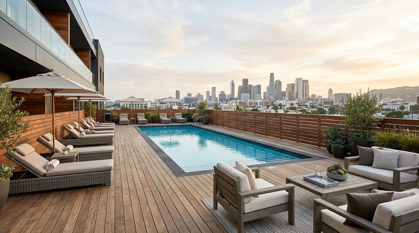 Finished hotel pool deck with wood decking and privacy fencing in Los Angeles