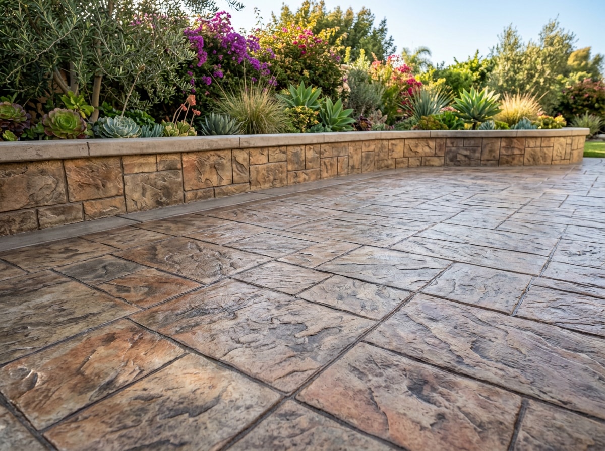 Stamped and stained decorative concrete patio with matching retaining wall in a San Fernando Valley backyard