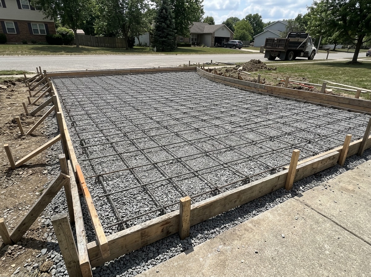 Rebar reinforcement and compacted gravel base prepared before a concrete pour in Burbank