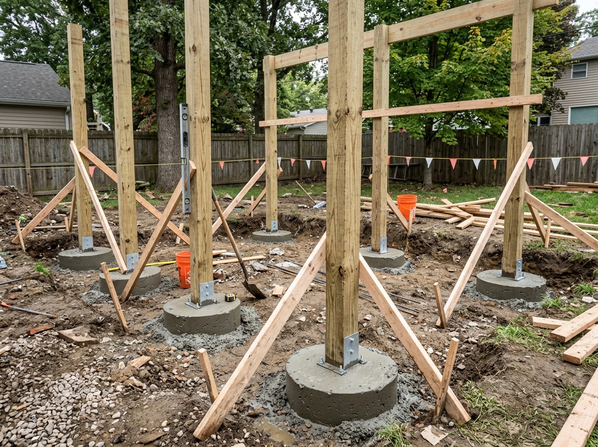 Finished concrete footings and base work for a wood deck and pergola structure in the San Fernando Valley