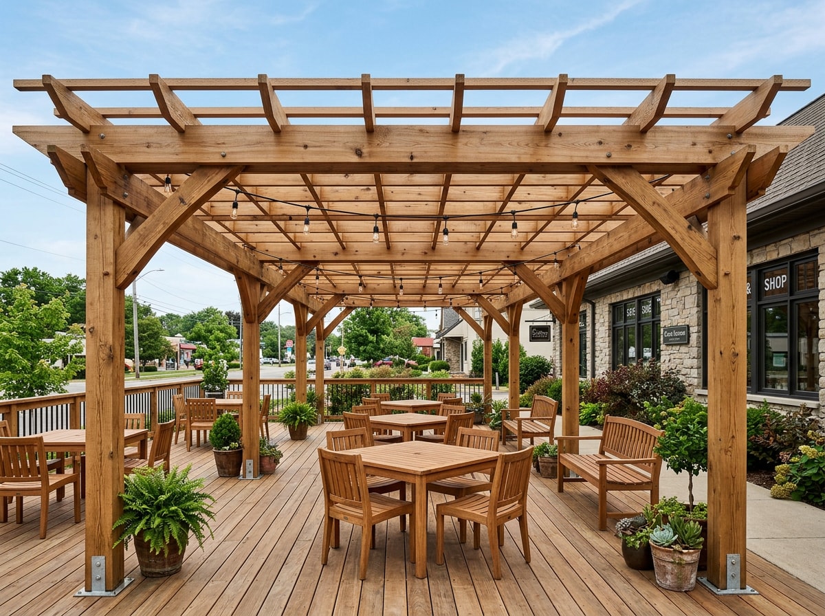 Custom pergola and wood patio structure built for outdoor retail seating in Los Angeles