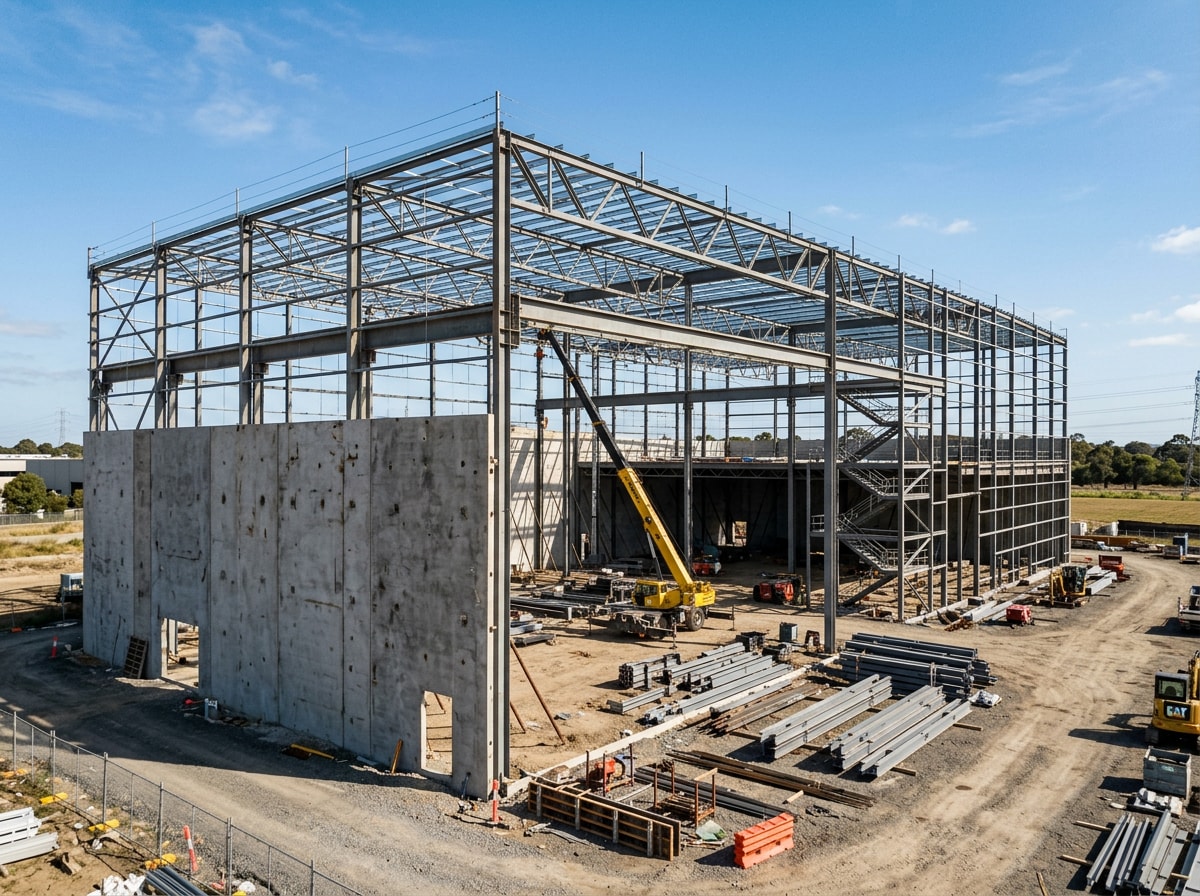 Industrial warehouse building under construction with steel framing in the San Fernando Valley