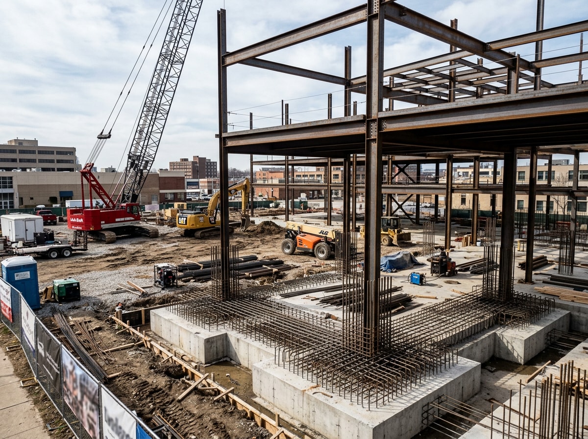 Ground-up commercial construction site with foundation and structural framing underway