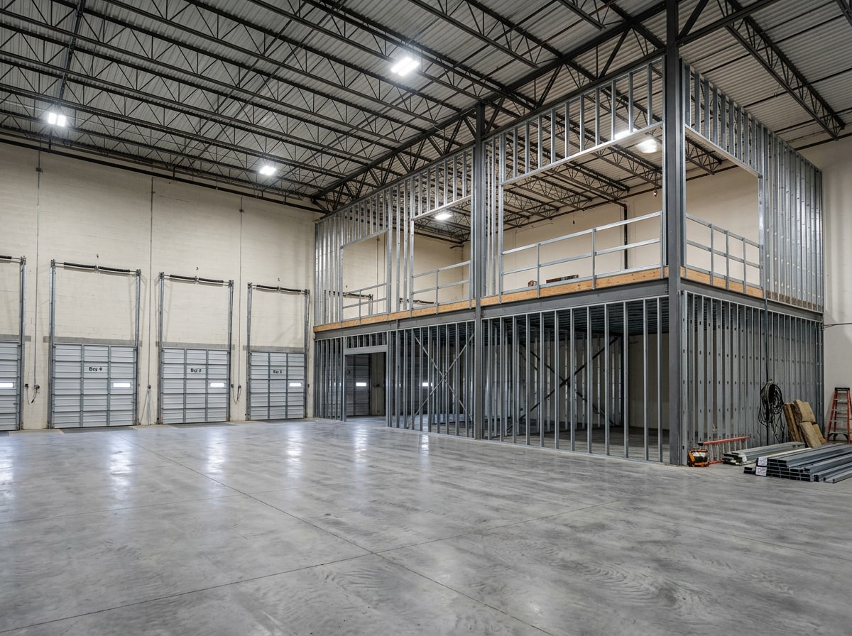 Warehouse tenant improvement build-out showing new dock doors and interior framing