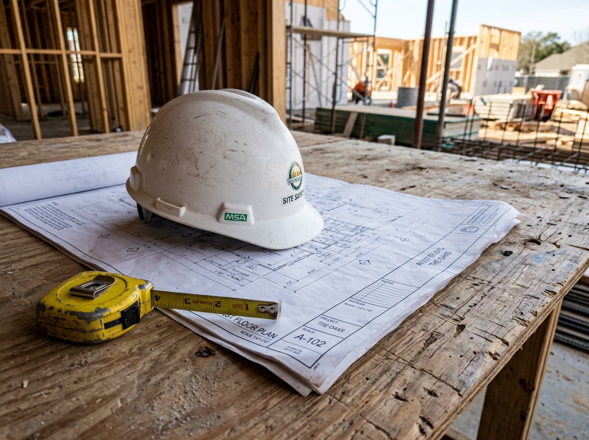 Blueprints and a hard hat laid out on a job site table representing contractor vetting