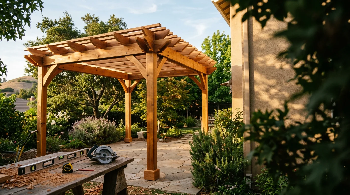 Custom wood patio with pergola structure in West Hills backyard