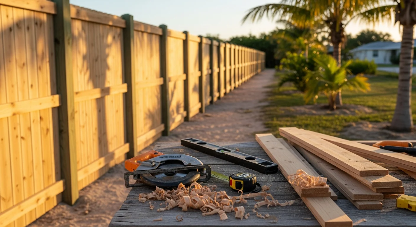 Wooden privacy fence installed along residential property line