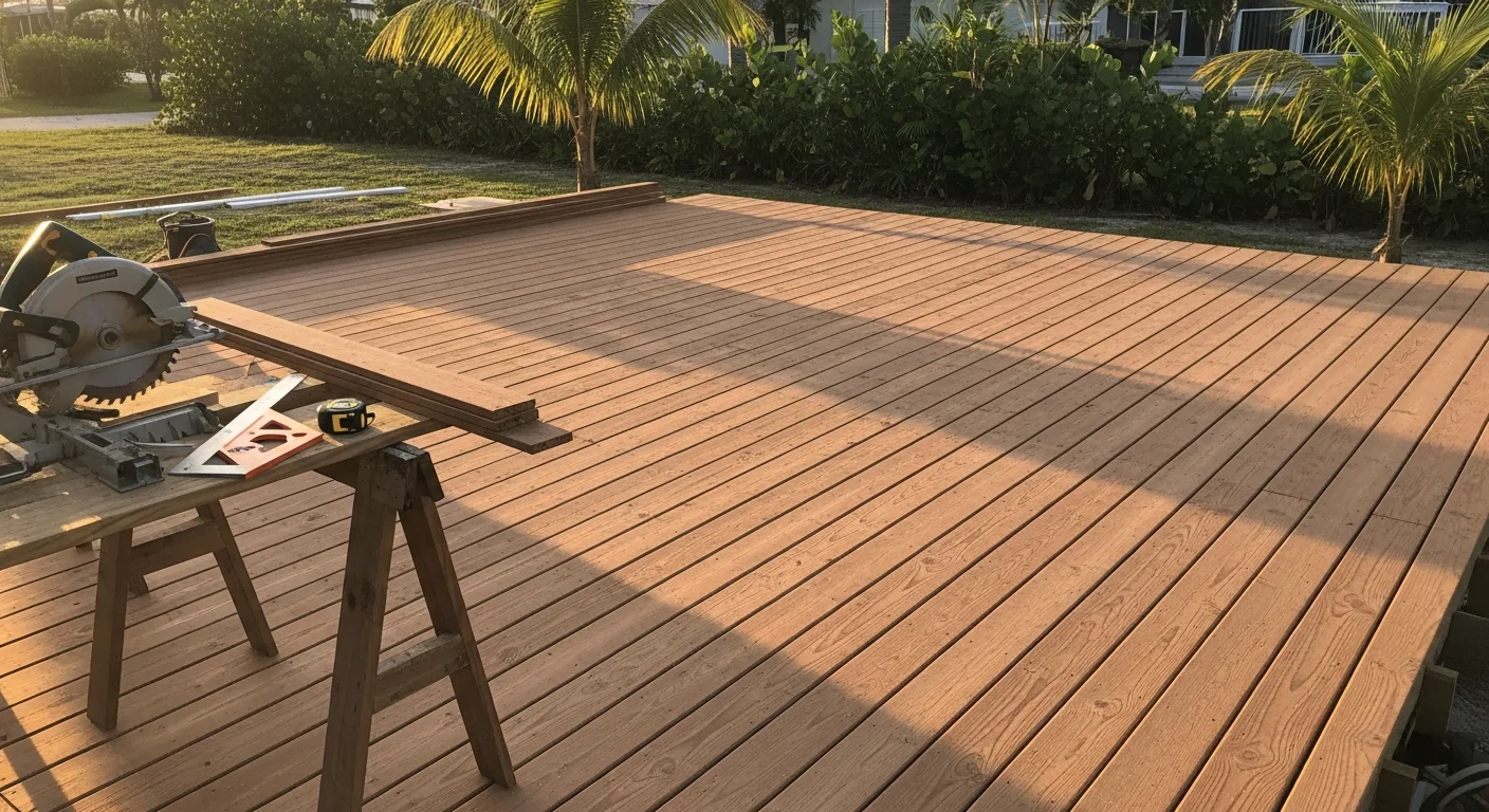 Wooden patio with seating area attached to residential home