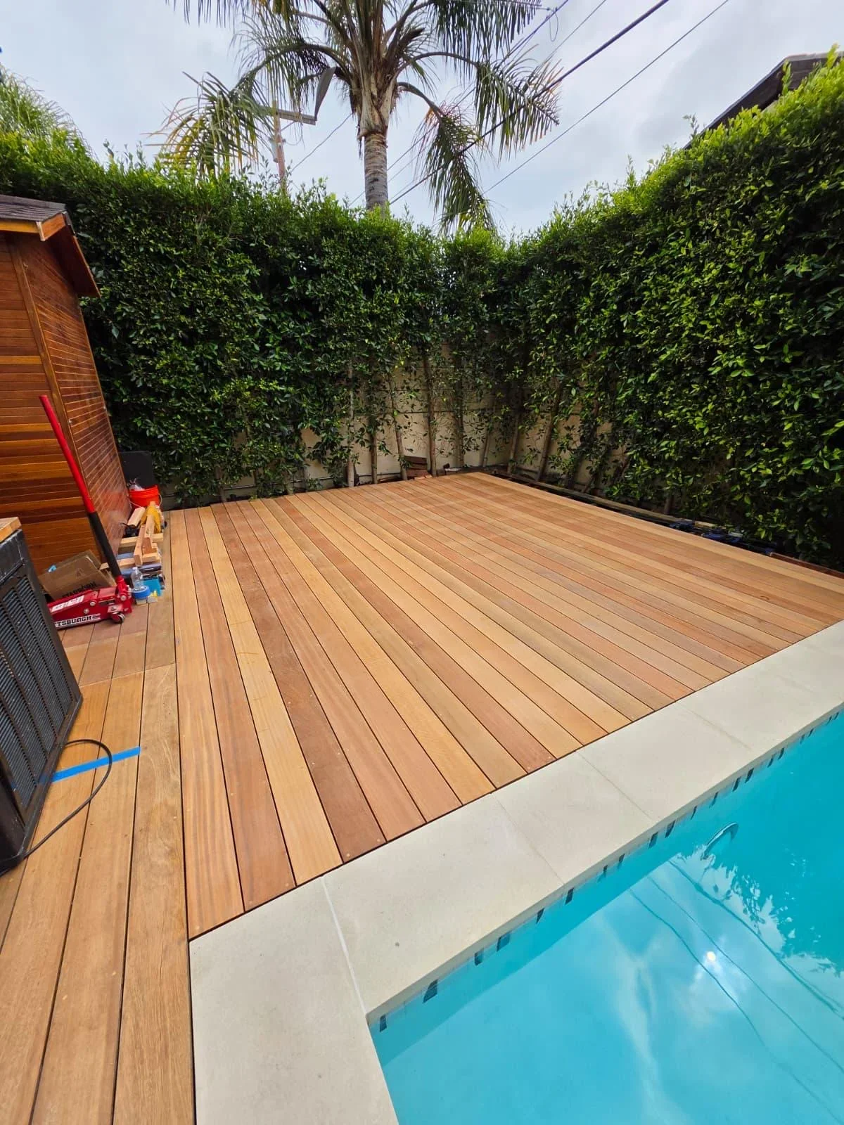 Composite deck with linear boards adjacent to swimming pool and green hedge privacy screening