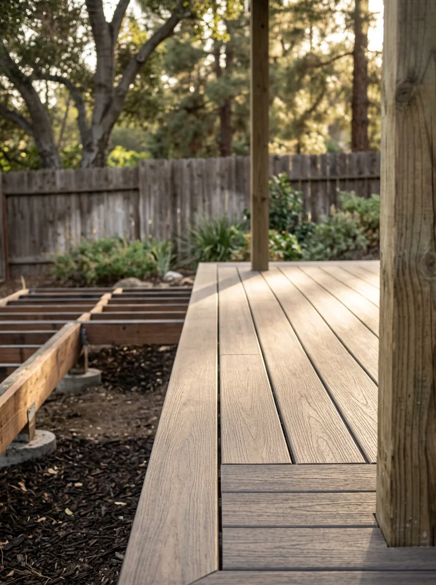 Portrait view of a composite deck surface on a Canoga Park residential property, showing the deck boards, post framing, and a wood fence in the background.
