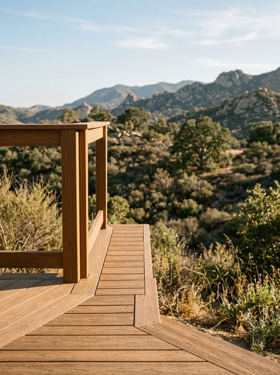 Portrait view of a natural wood fence along the property line of a Chatsworth hillside home, with open foothill terrain visible beyond the fence boards.