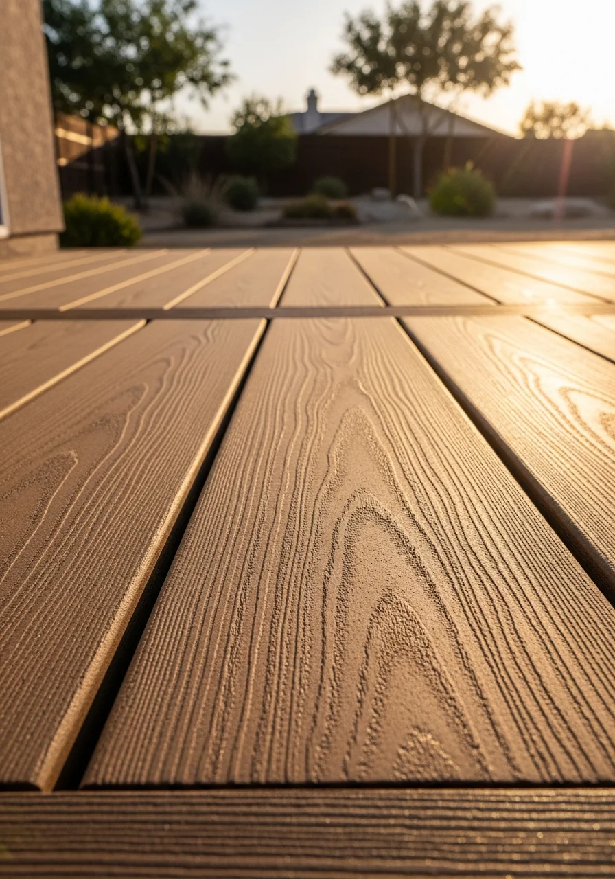 A close-up of composite deck boards showing the wood-grain texture and fade-resistant surface finish.