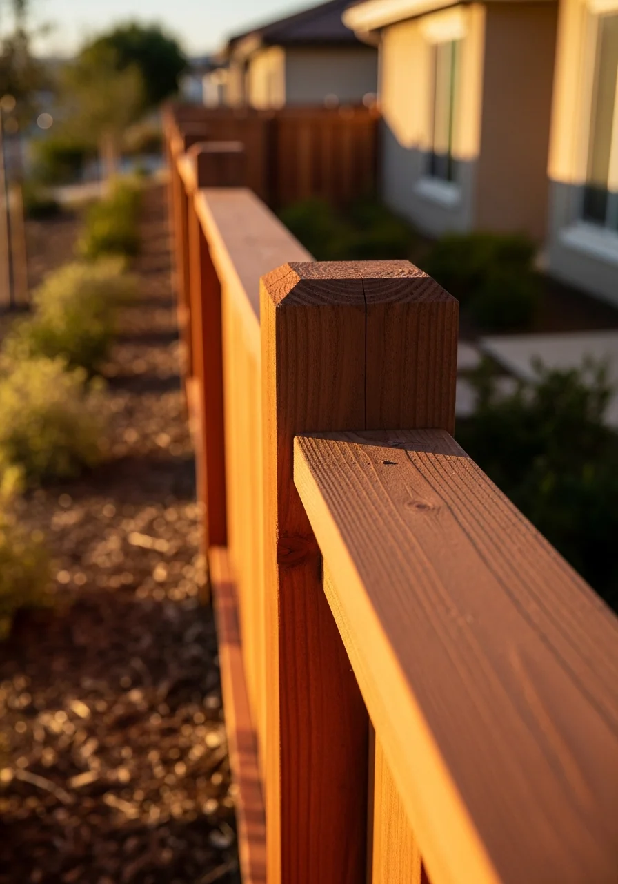 A close-up of a freshly stained wood fence post and railing, demonstrating professional finishing and durable construction techniques.