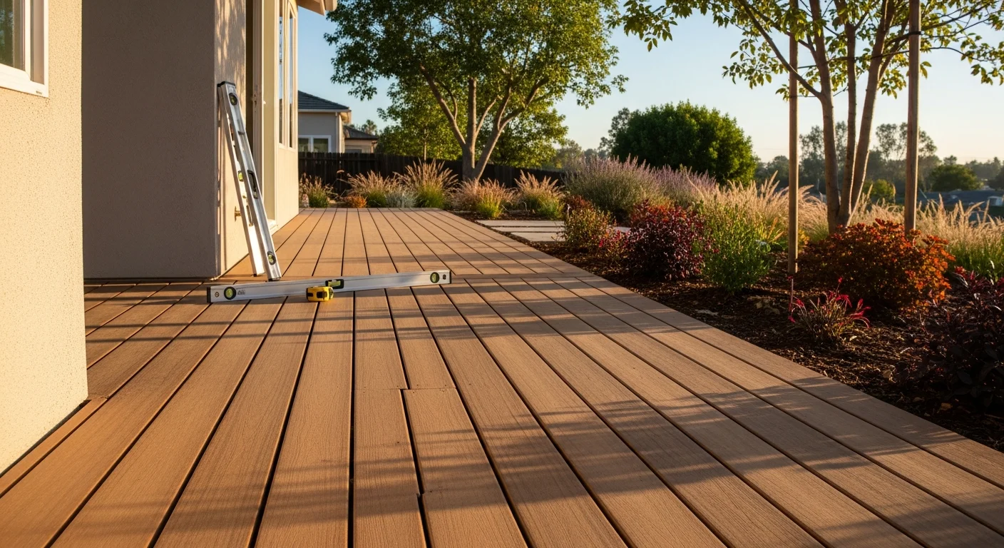 A well-maintained composite deck with clean lines overlooking a California residential backyard, showing quality craftsmanship and weather-resistant materials.