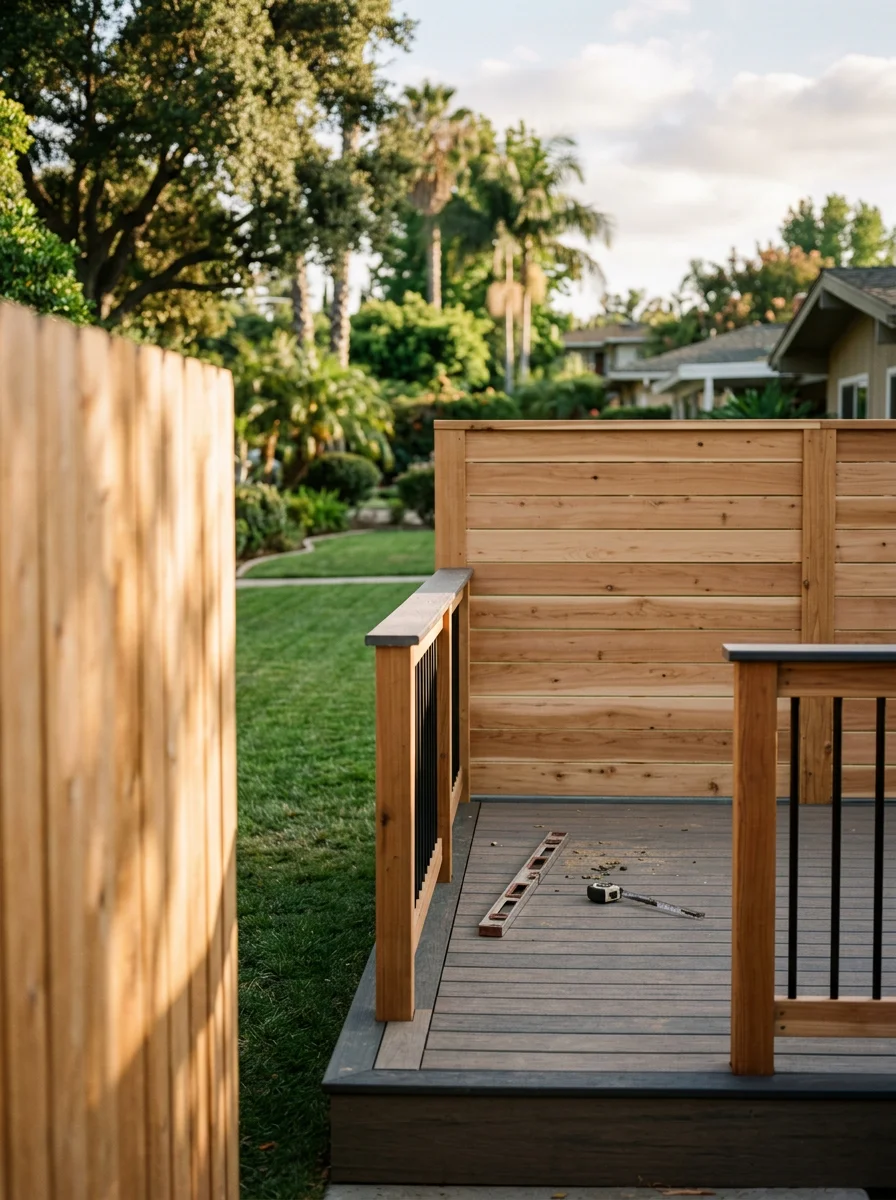 Portrait view of a wood fence and wood patio on a flat Tarzana residential lot north of Ventura Boulevard, showing clean board construction and a tidy suburban backyard.