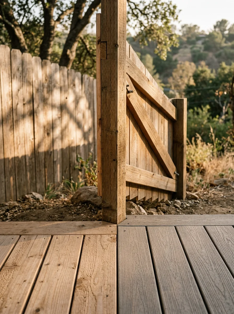 Close-up portrait view of natural wood deck boards and a wood fence corner on a West Hills residential property, showing tight board spacing and clean post construction.