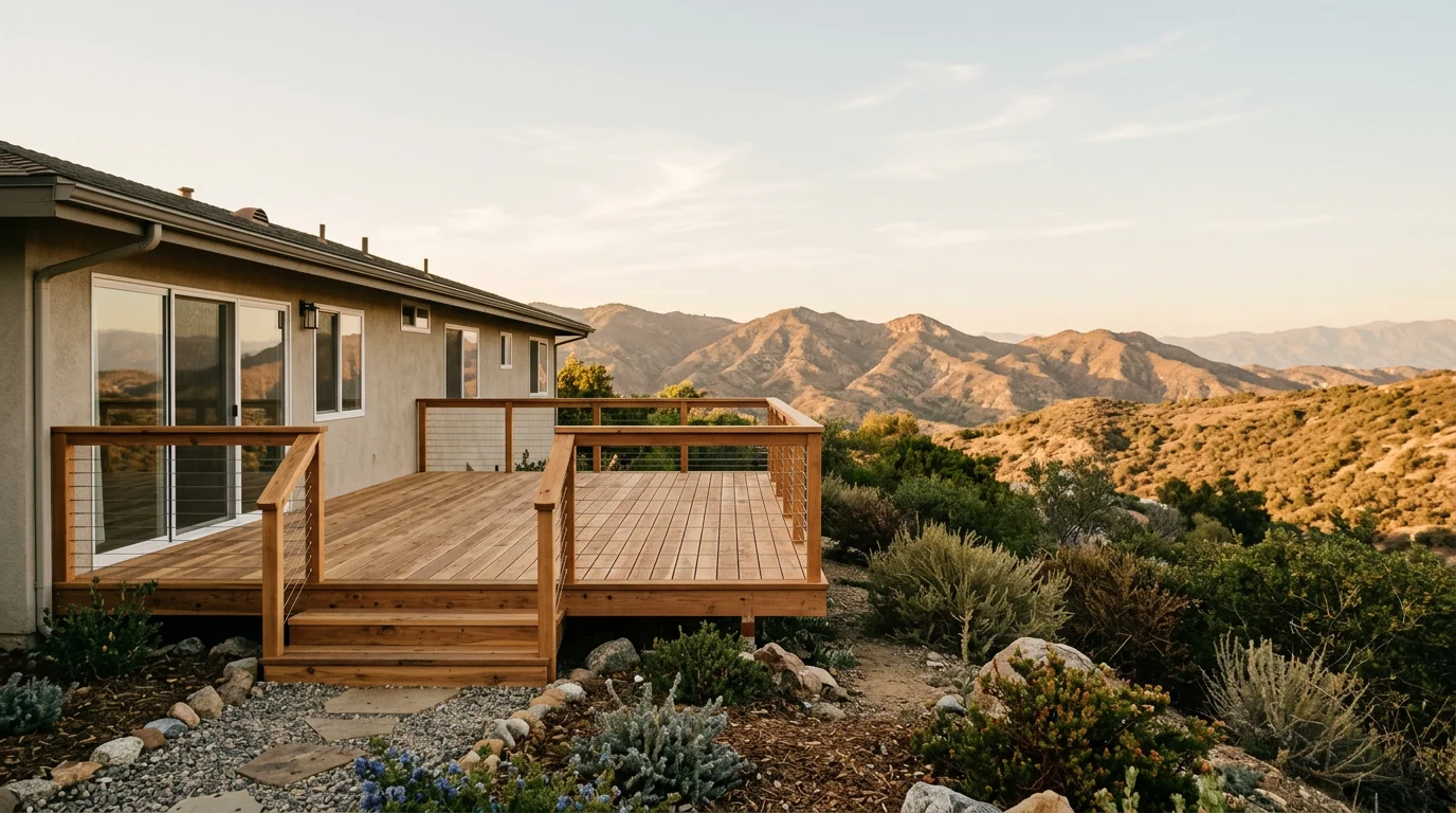 A custom wood deck with horizontal board decking attached to the back of a 1970s ranch-style home in West Hills, California, with the Santa Monica Mountains visible in the background.