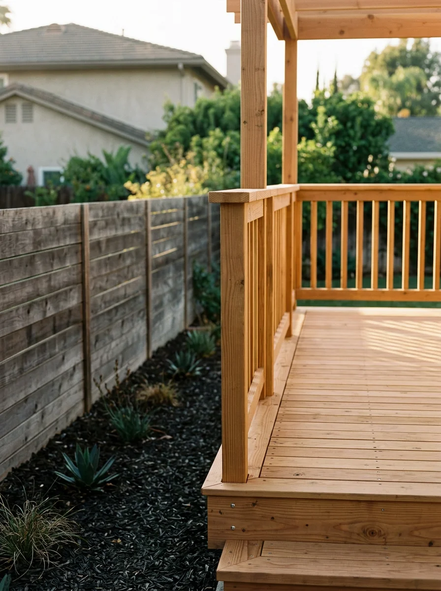 Portrait view of a wood deck with clean post framing on a Winnetka residential property, showing the deck surface and a wood fence along the side yard.