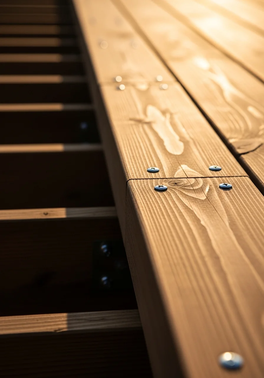 A detailed view of wood deck boards and joinery, showing proper spacing and professional-grade fastening.