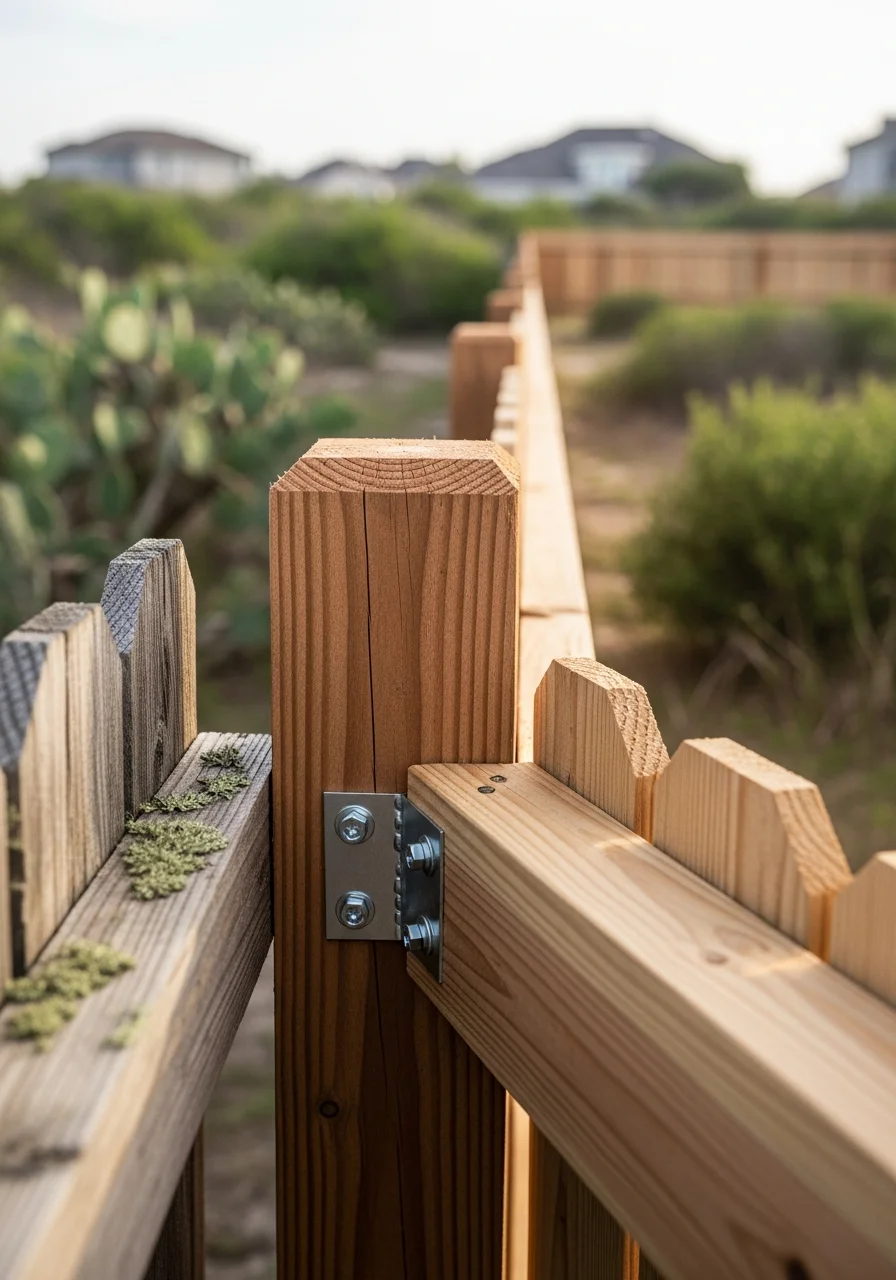 A close-up of wood fence posts and horizontal rails, showing professional construction and secure fastening.