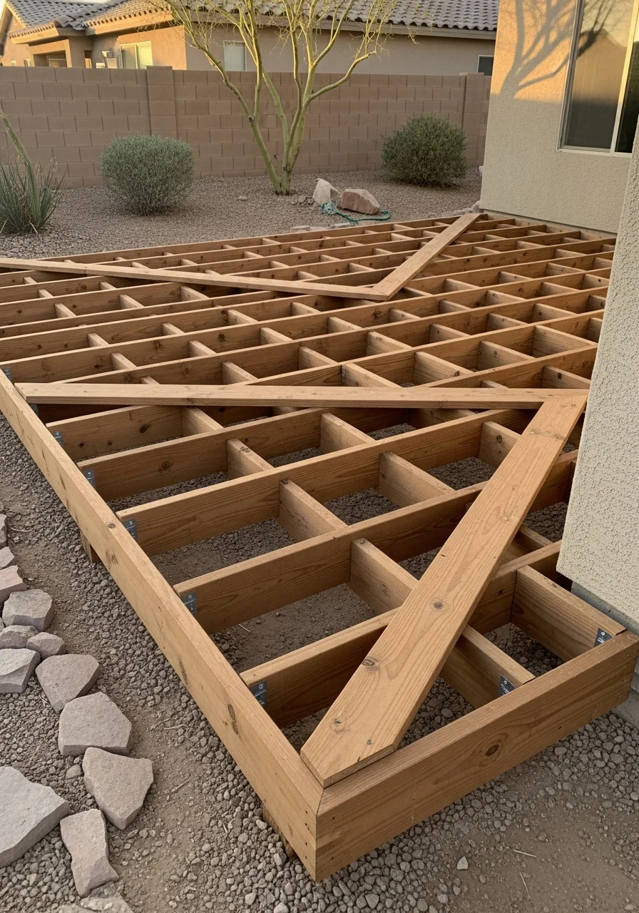 A detailed view of wood patio construction showing the frame, joinery, and finished surface.