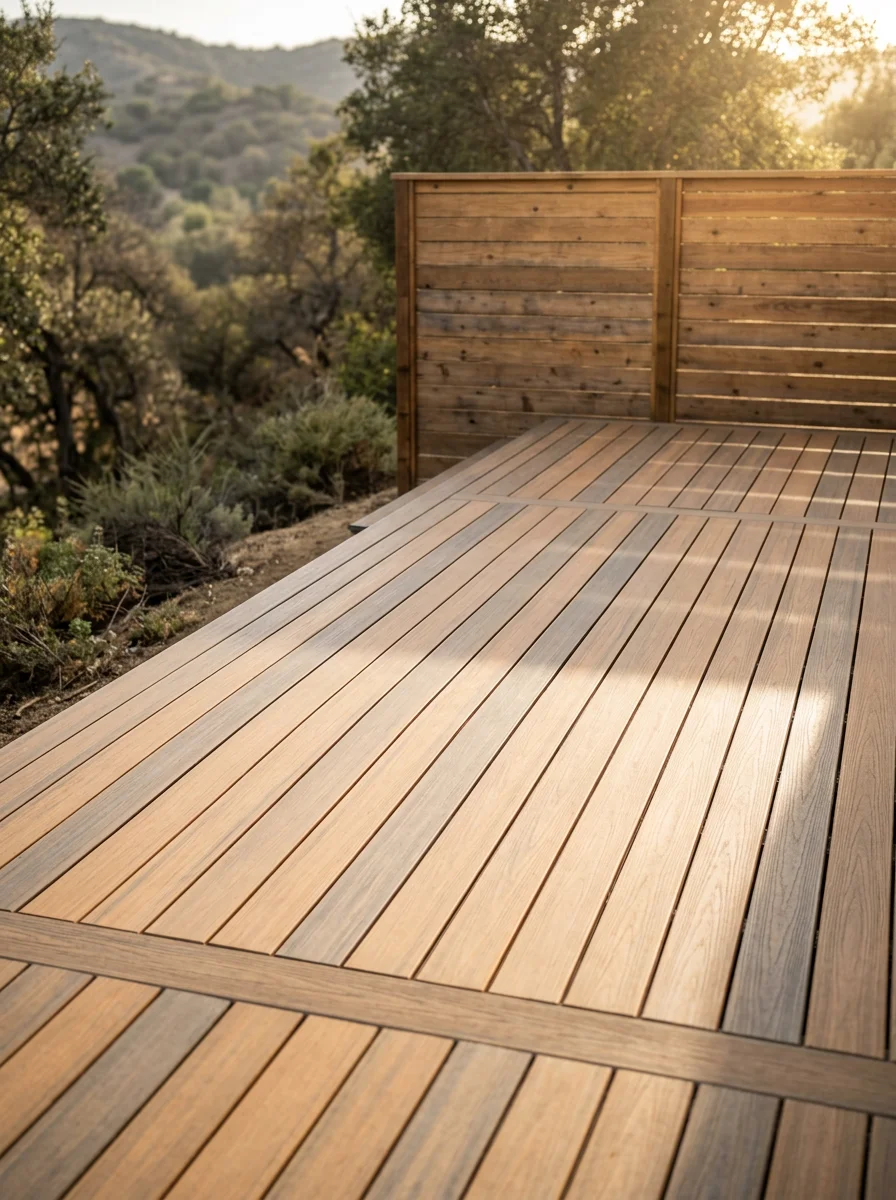 Portrait view of a natural wood deck with clean board spacing on a Woodland Hills property, showing the deck surface and a wood fence along the rear property line.