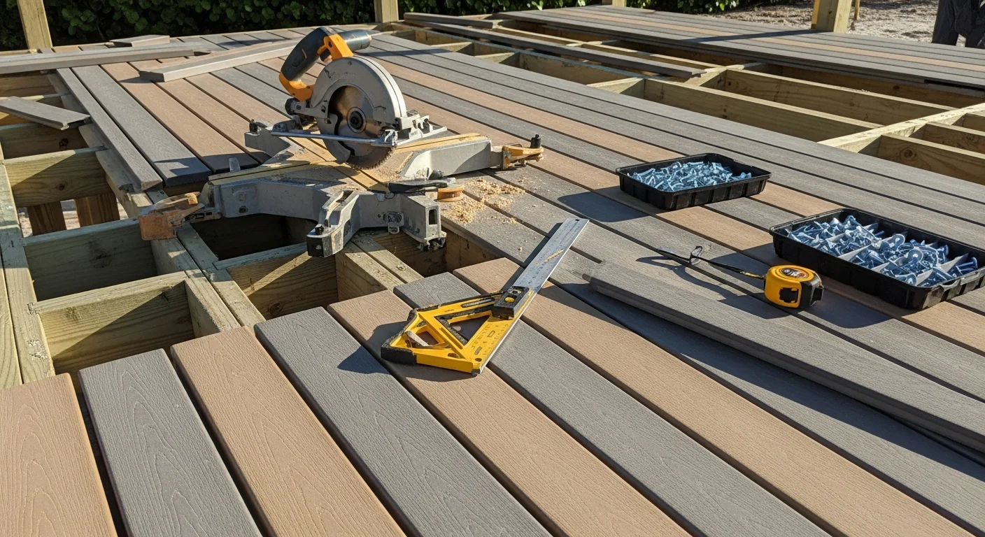 A newly completed composite deck built by Olis Wood, showing clean board lines, a finished railing system, and a structured frame attached to the rear of a residential home. The deck surface is smooth and uniform, designed for exterior woodworking durability in an outdoor backyard setting.