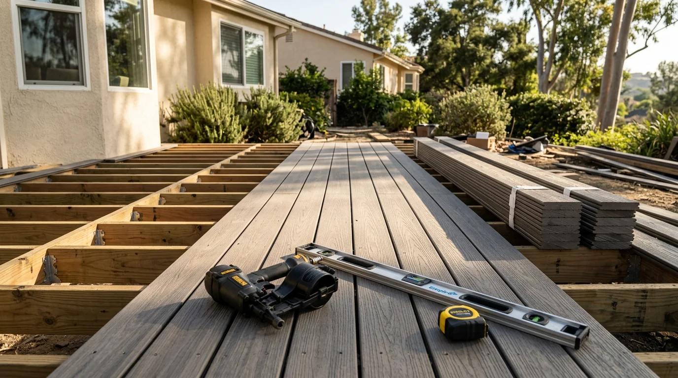 A newly installed composite deck attached to a single-family home in West Hills, CA, featuring clean board lines and a railing system overlooking a landscaped backyard. The deck surface shows consistent color and a smooth finish suited for outdoor entertaining in a Southern California suburban setting.