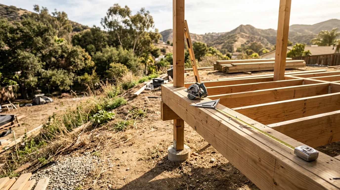 A newly built custom wood deck attached to a single-family home in West Hills, CA, with clean board lines and a natural wood finish. The deck extends into a backyard outdoor living area under clear Southern California sky.
