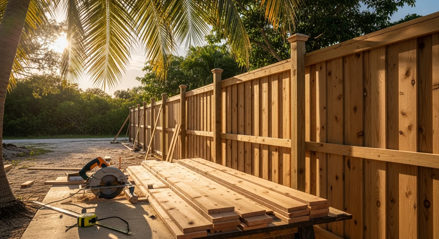 A custom exterior wood fence designed and built by Olis Wood, featuring clean vertical board panels and a matching gate. The fence runs along a residential property line with a stained wood finish suited to outdoor conditions.