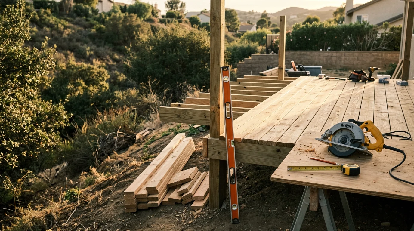 A finished custom wood outdoor structure in a West Hills, CA backyard, showing clean joinery and natural wood grain against a sunny Southern California sky. The structure sits flush with the yard and complements the home's exterior.