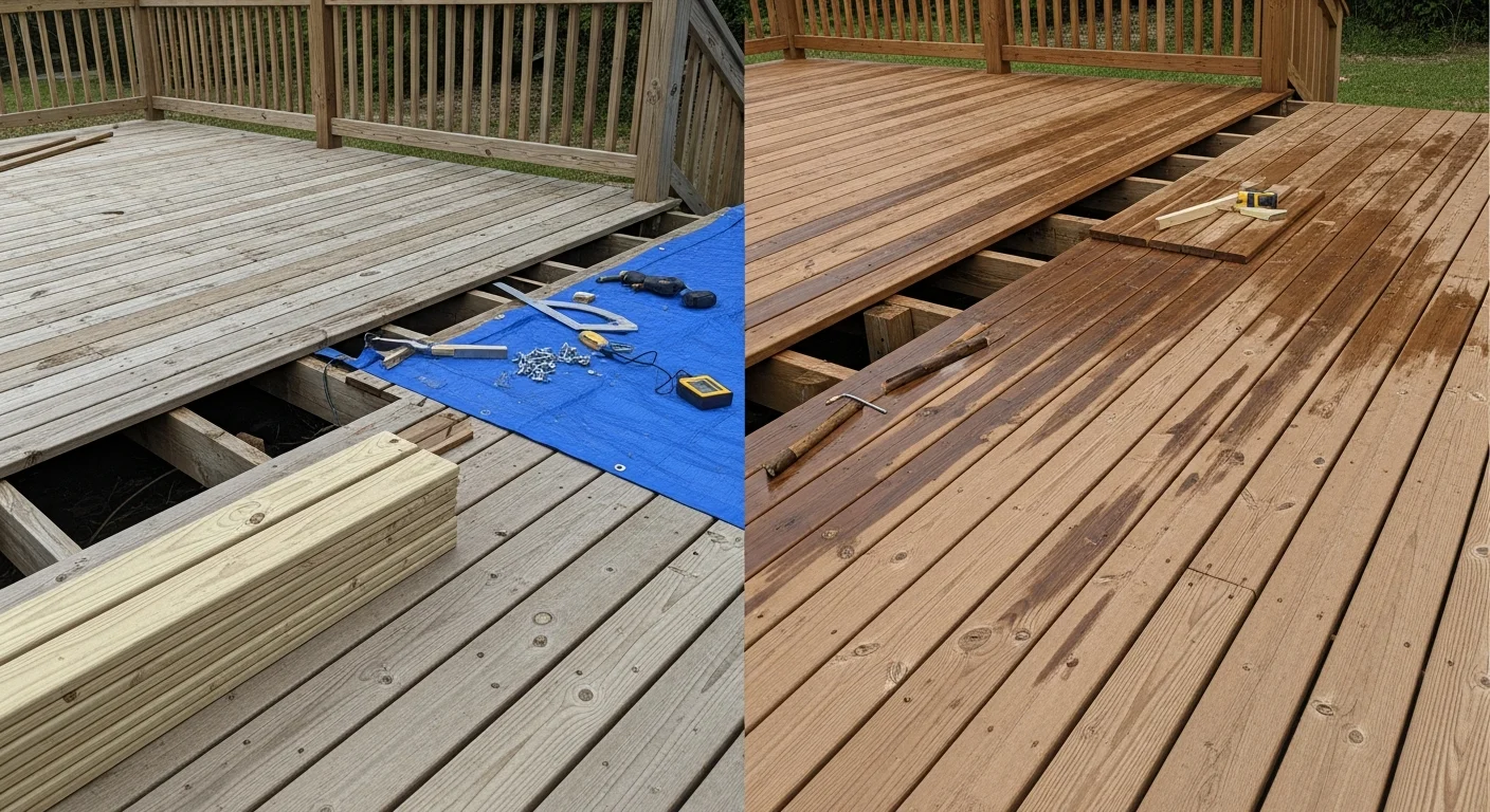 A renovated wood deck with replaced boards, secured railings, and a freshly refinished surface on a residential exterior. The structure shows clean joinery and even board spacing consistent with professional exterior woodworking by Olis Wood.